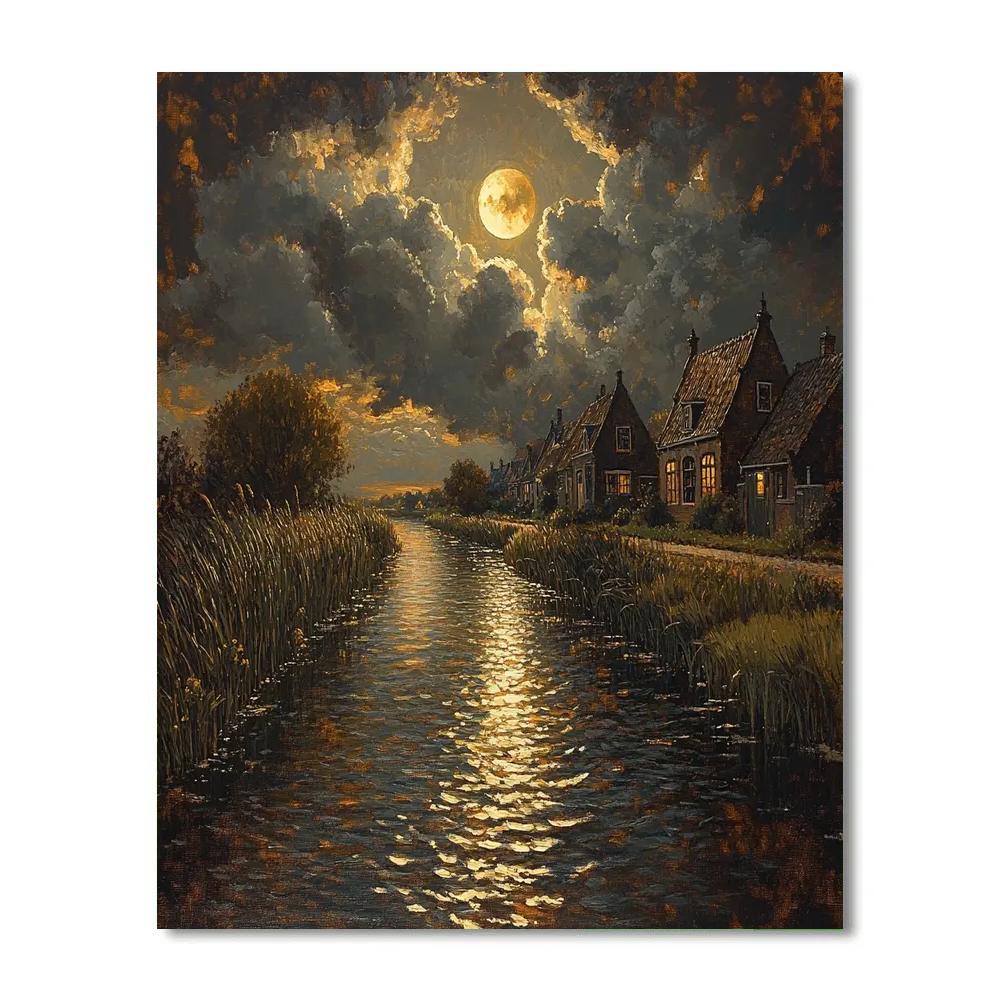 Rembrandt Inspired Moonlit Canal Under Gathering Storm DIY paint by numbers