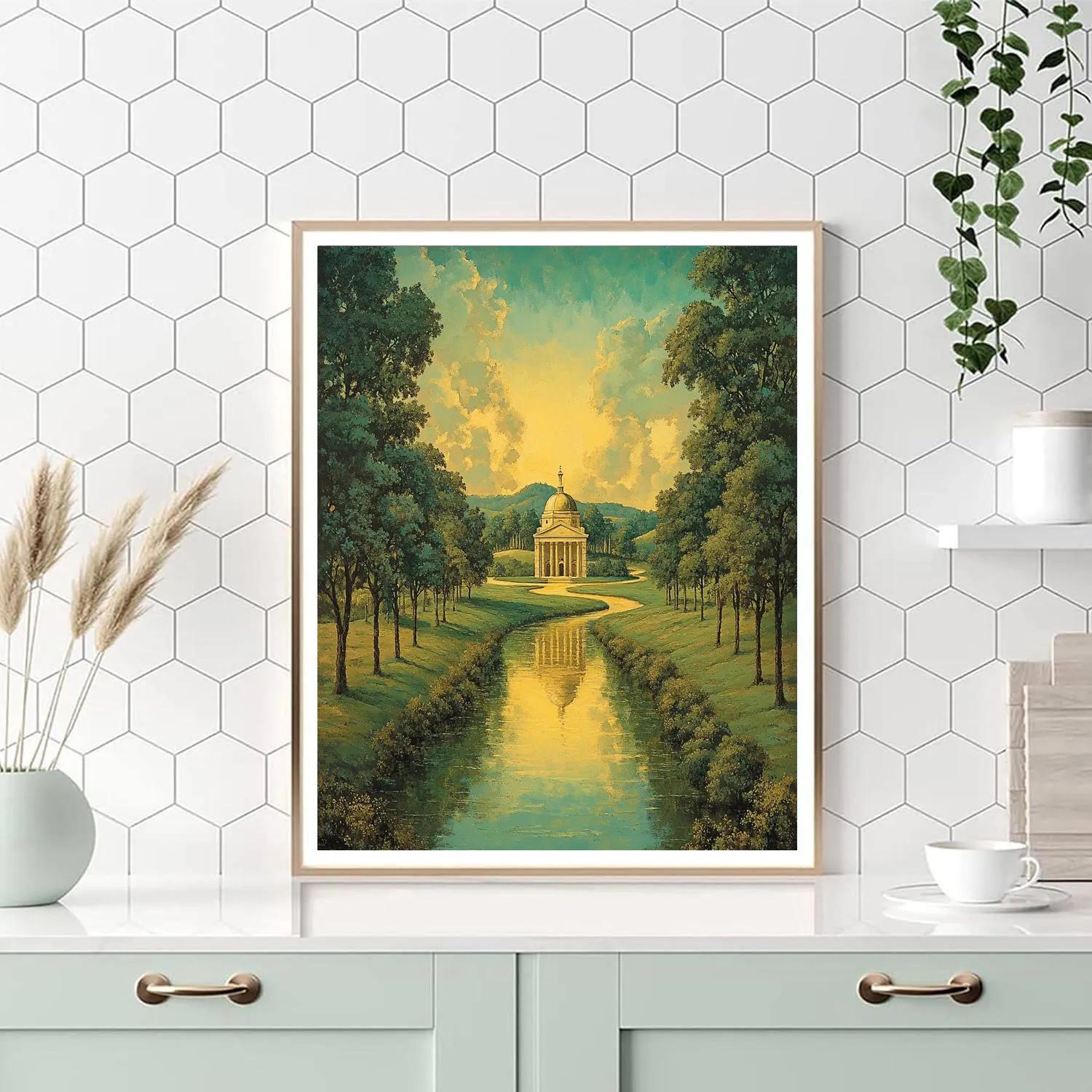 Raphael Inspired Harmonious River Bend With Distant Sanctuary Number painting