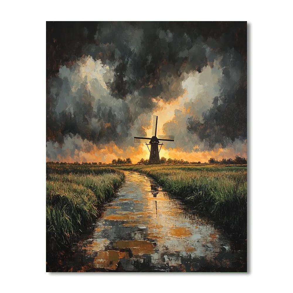 Rembrandt Inspired Windmill Beyond Rain Soaked Fields Numbered painting kits