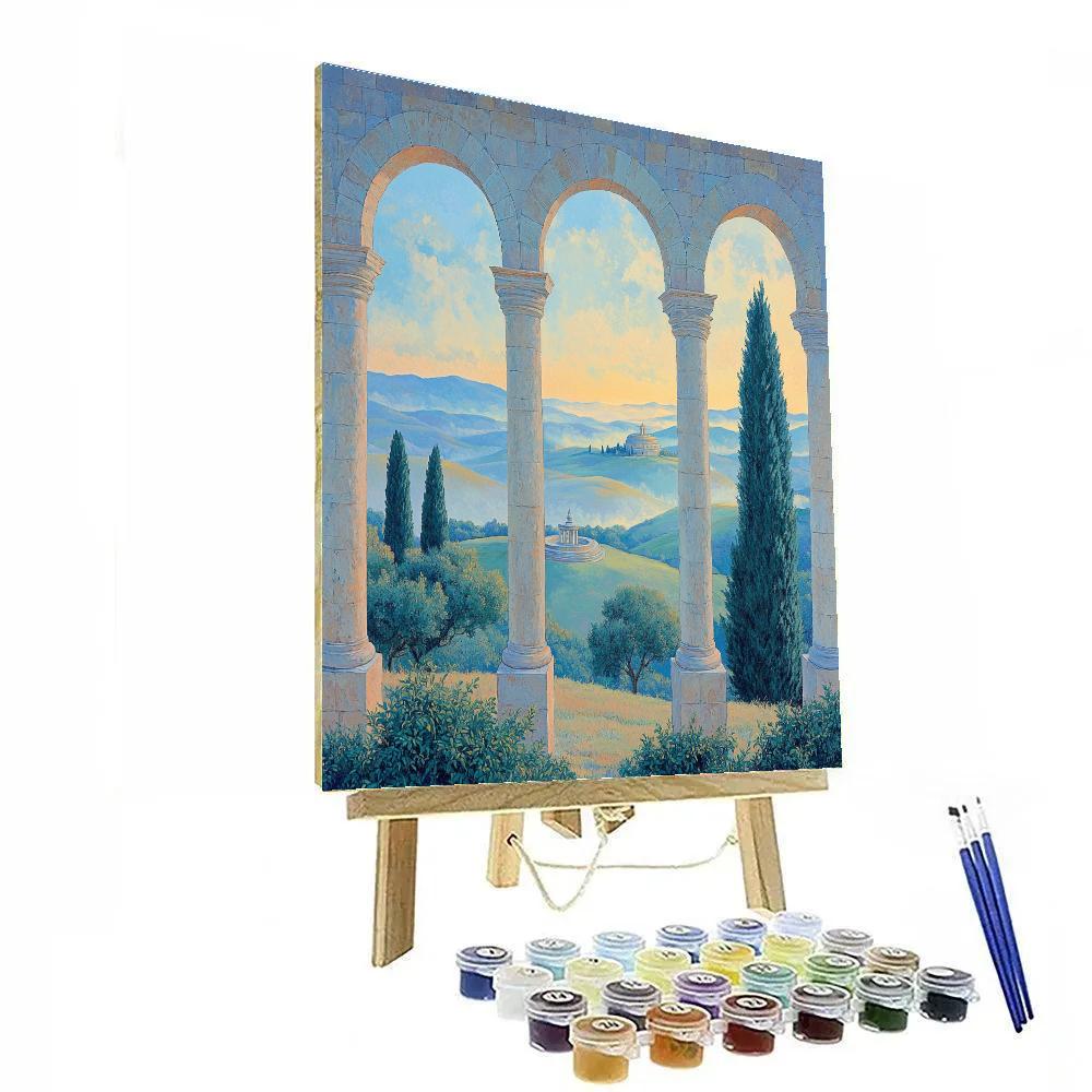 Raphael Inspired Symmetrical Hilltop Arcade At Sunrise paint by number