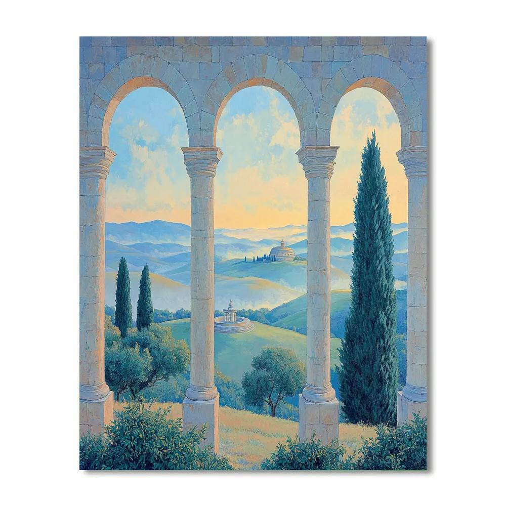 Raphael Inspired Symmetrical Hilltop Arcade At Sunrise paint by number