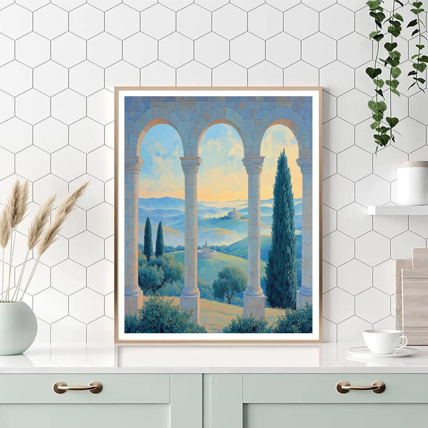 Raphael Inspired Symmetrical Hilltop Arcade At Sunrise paint by number