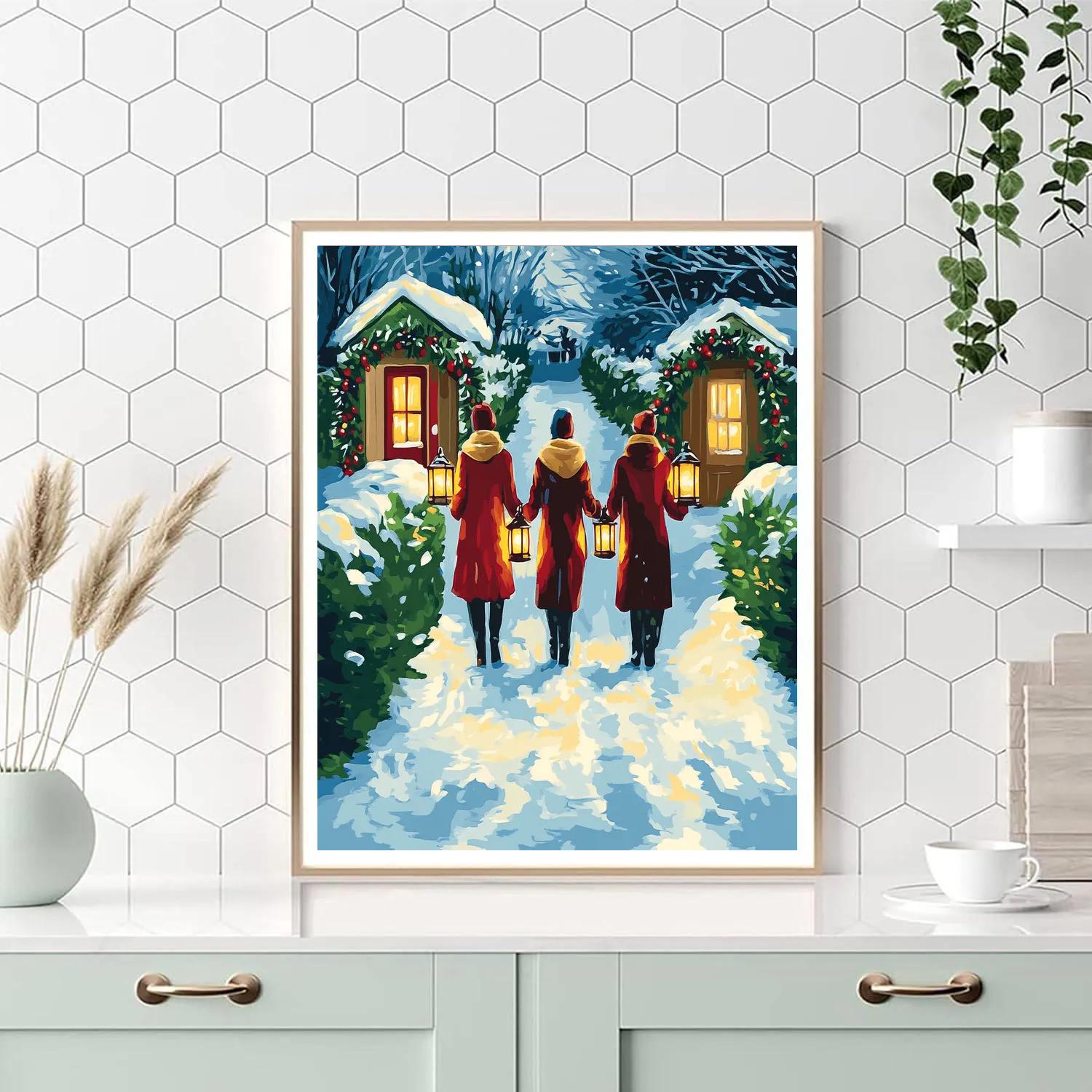 Snowy Lantern Walk Home paint by color