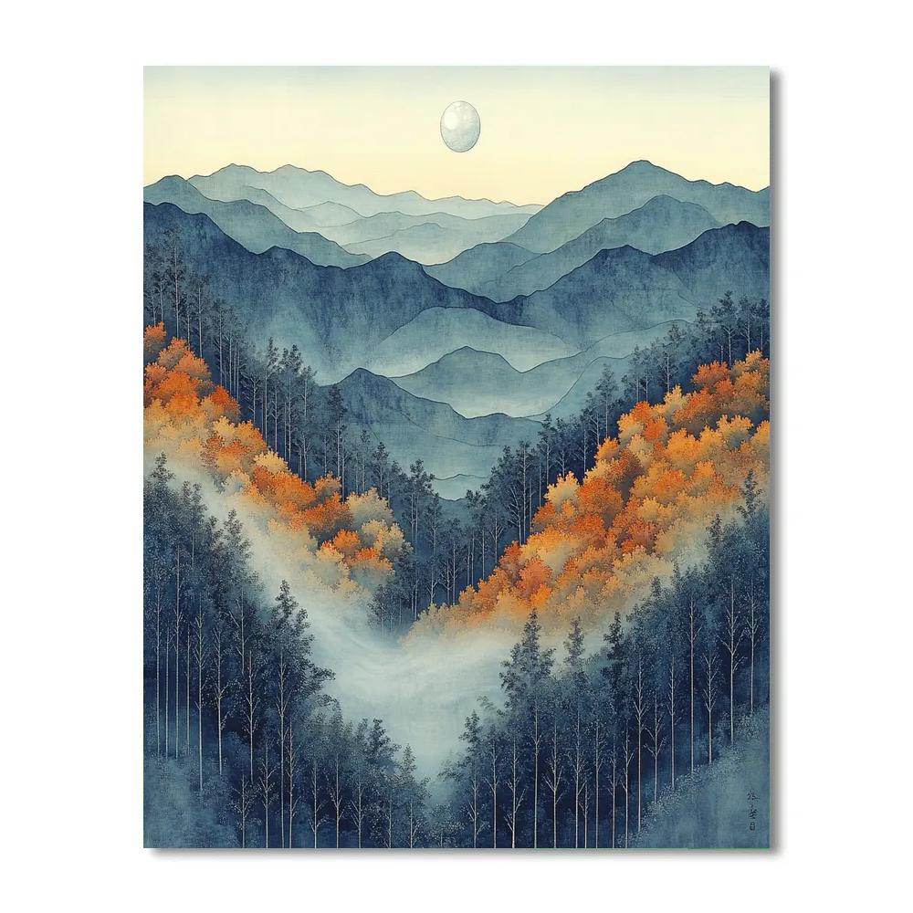 Hiroshige Inspired Moonlit Mist Over Autumn Ravine DIY paint by numbers