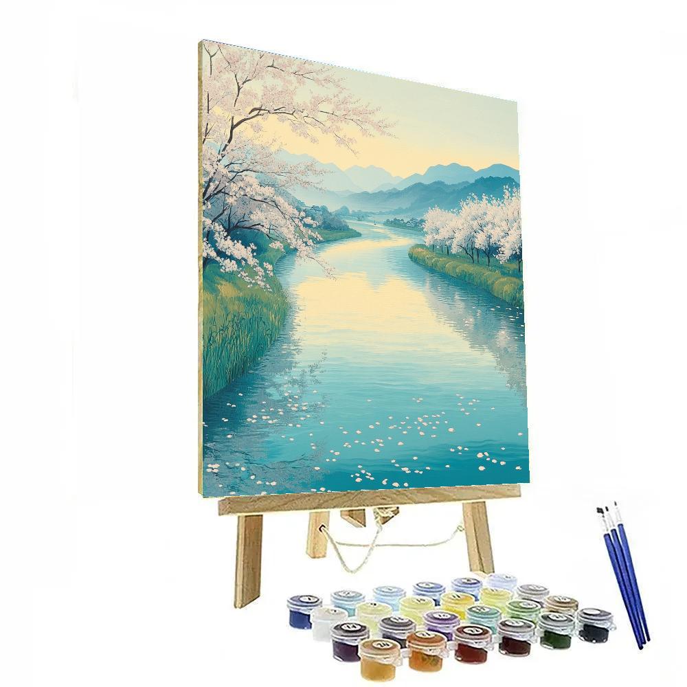 Hiroshige Inspired Spring Blossoms Along Silent River paint by color