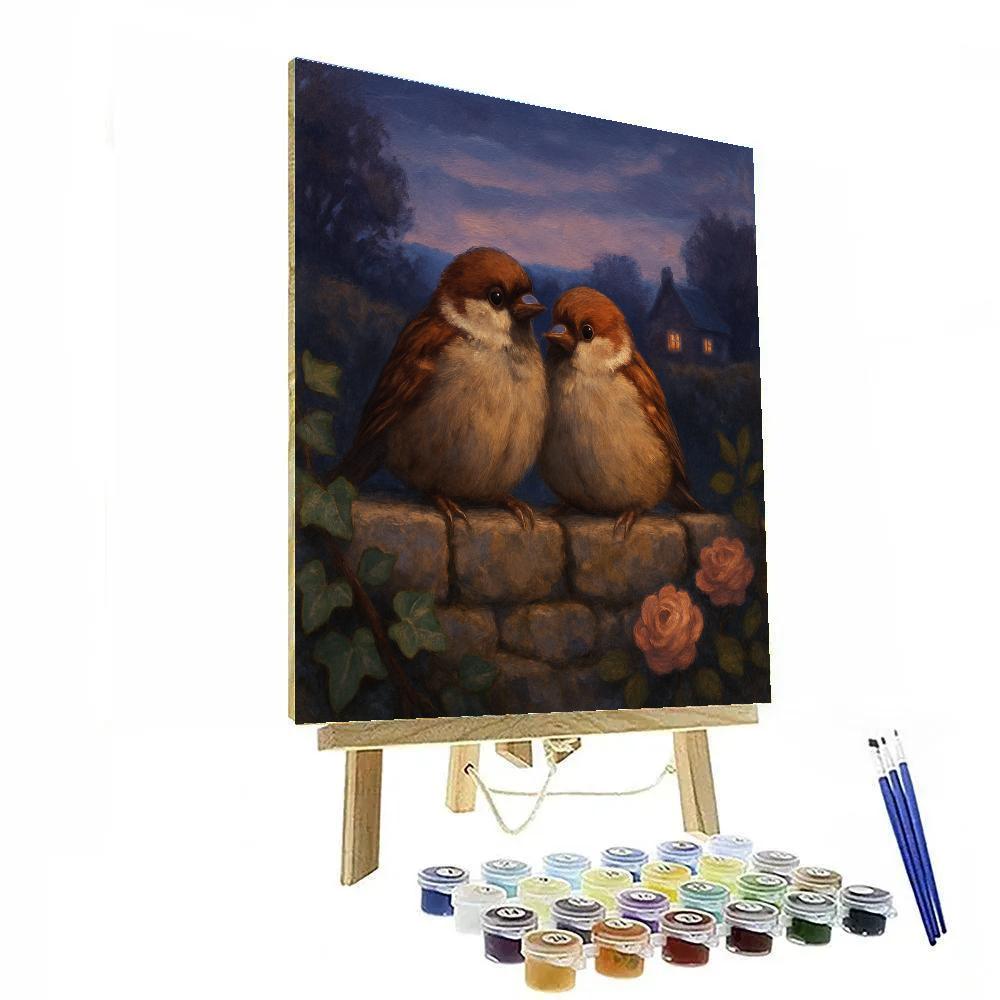 Twilight Sparrows On The Garden Wall paint by color