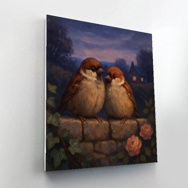 Twilight Sparrows On The Garden Wall paint by color