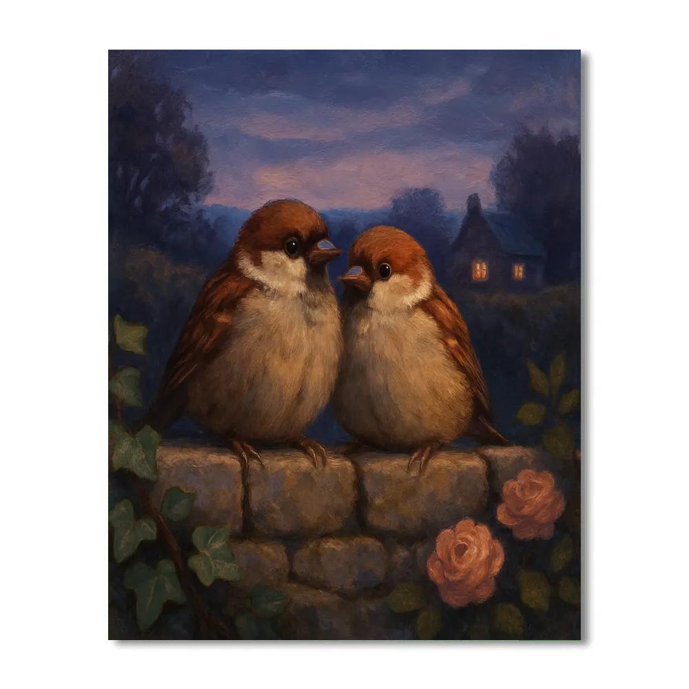 Twilight Sparrows On The Garden Wall paint by color
