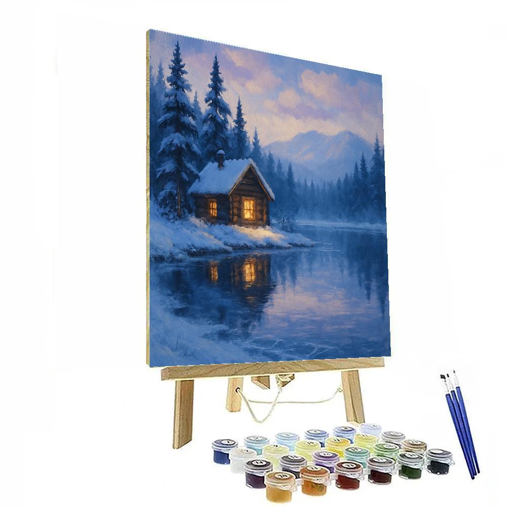 Cabin Glow On Frosted Mirror Lake paint by number