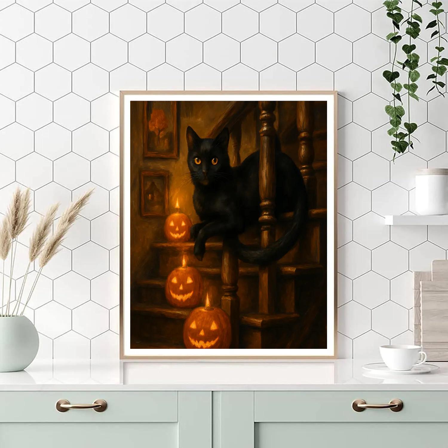 Black Cat Guardian Of The Candlelit Stair Numbered painting kits