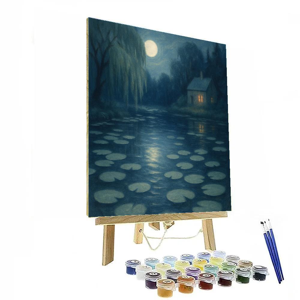 Moonlit Lily Pond By The Quiet Cottage Number painting