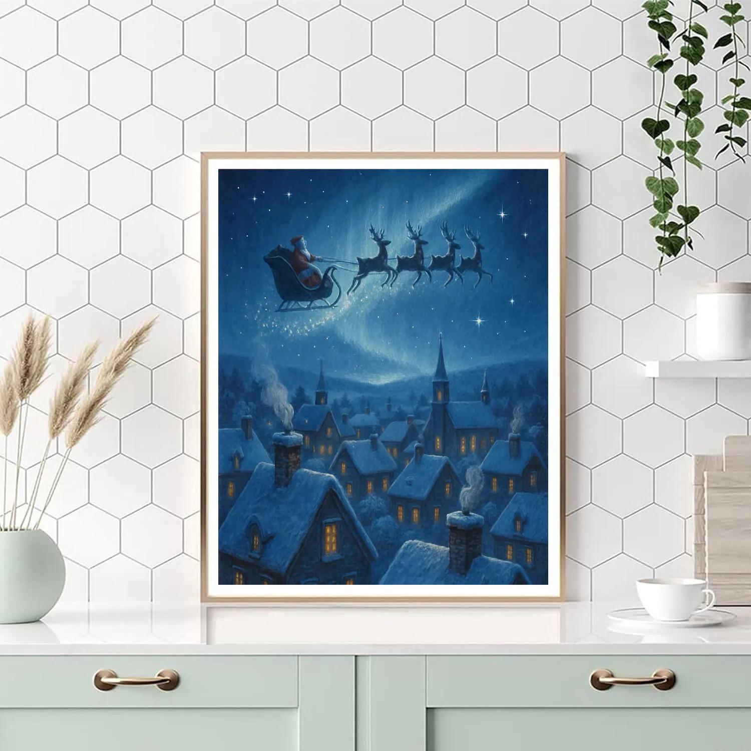 Midnight Sleigh Over Frosted Rooftops Paint by numbers kits