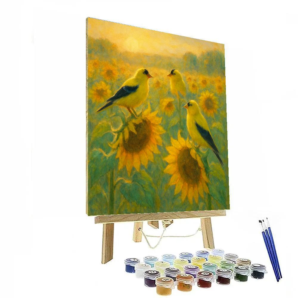 Golden Finches Among Sunflower Rows paint by number