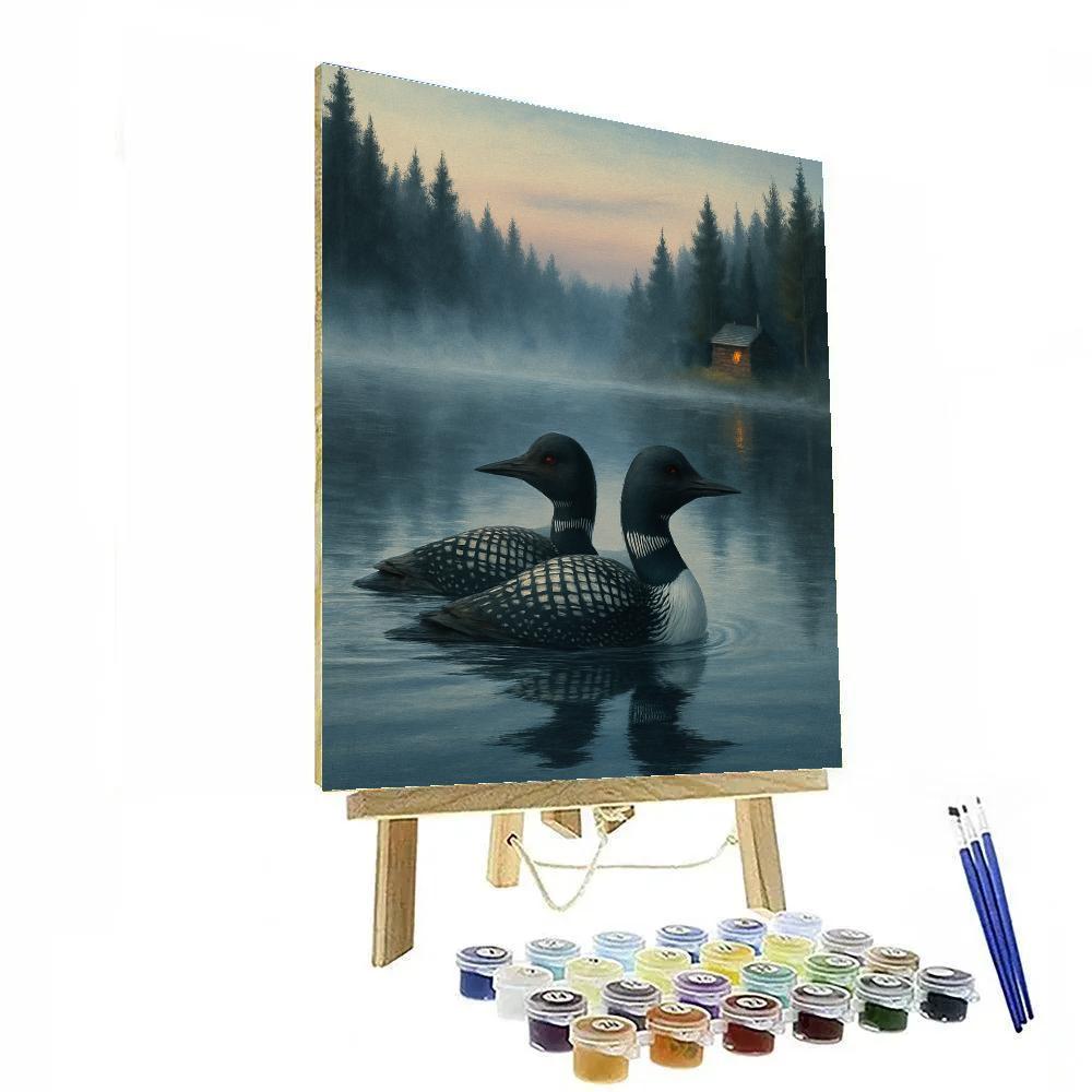 Loons On The Quiet Cabin Lake paint by number