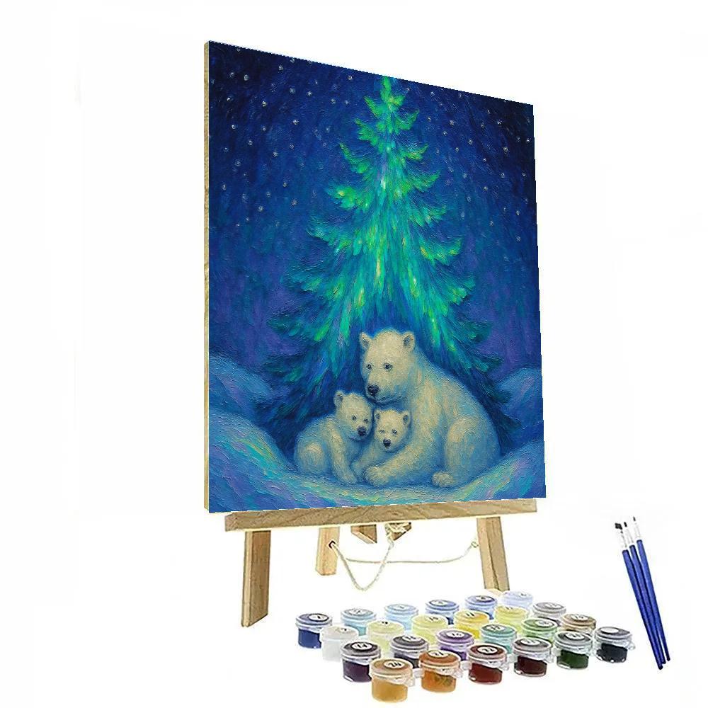 Polar Bear Family Under Aurora Tree painting number kit