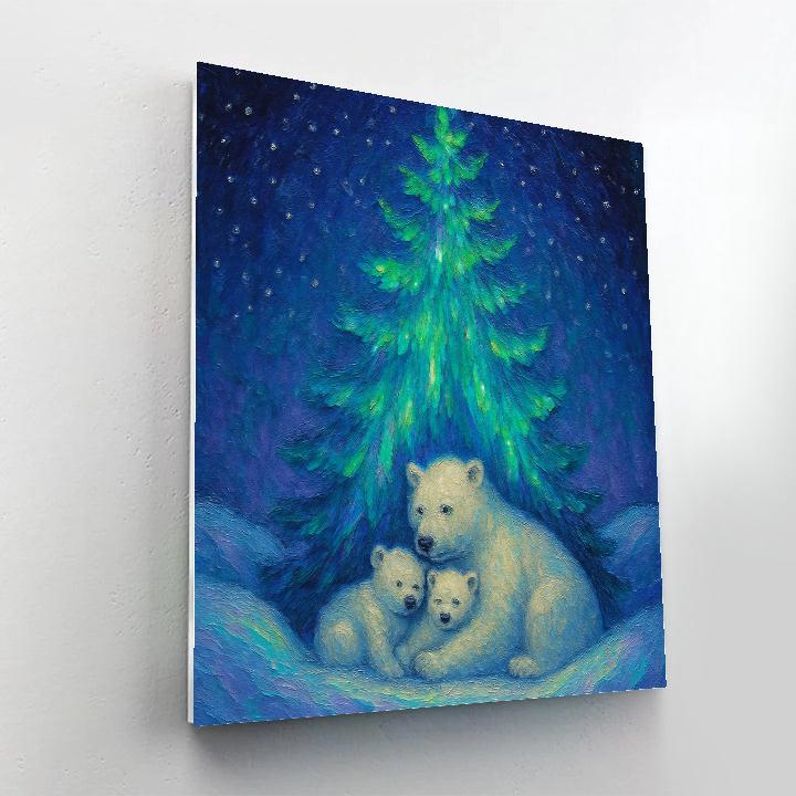 Polar Bear Family Under Aurora Tree painting number kit