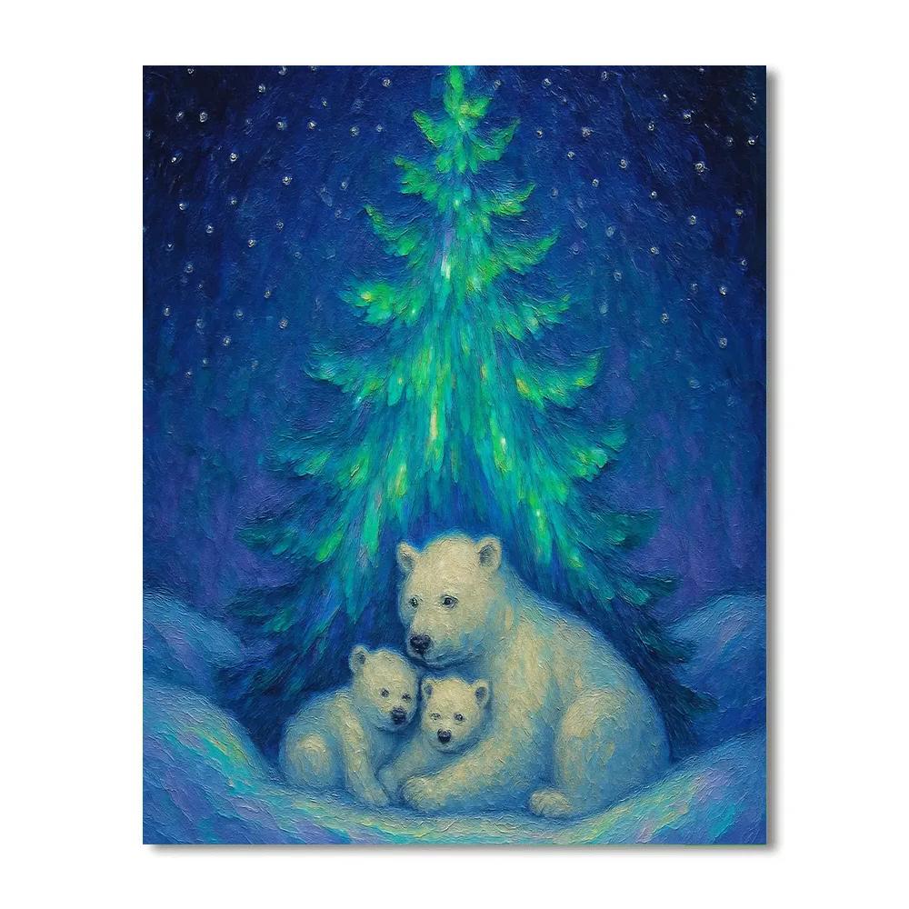 Polar Bear Family Under Aurora Tree painting number kit