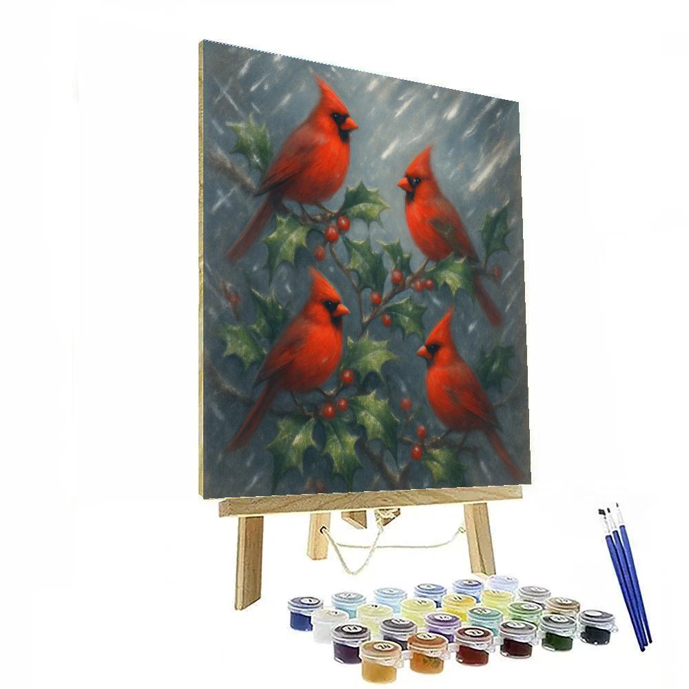 Cardinals In Holly Snowstorm DIY paint by numbers