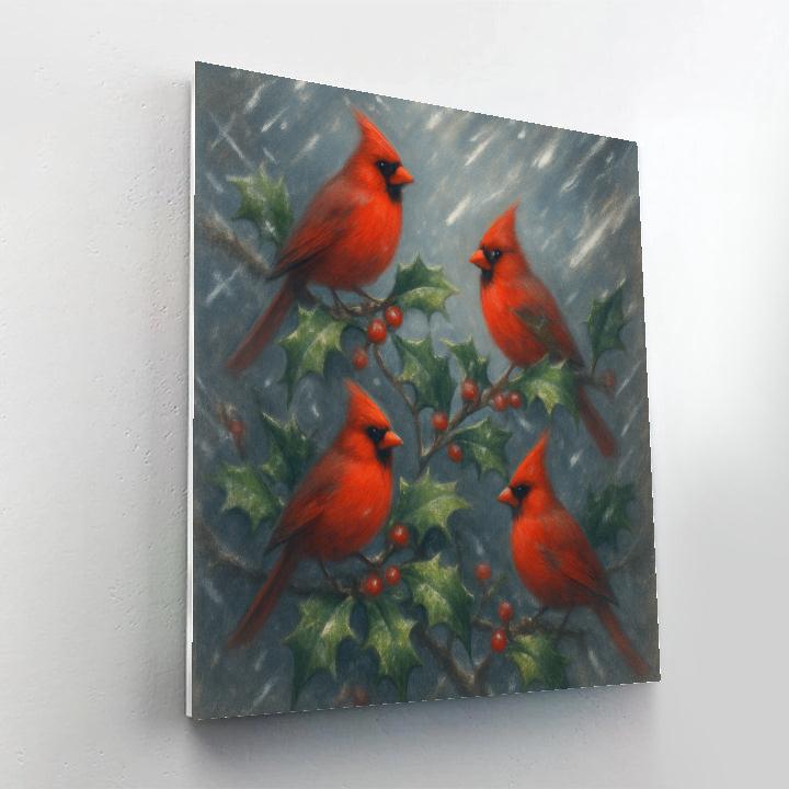 Cardinals In Holly Snowstorm DIY paint by numbers