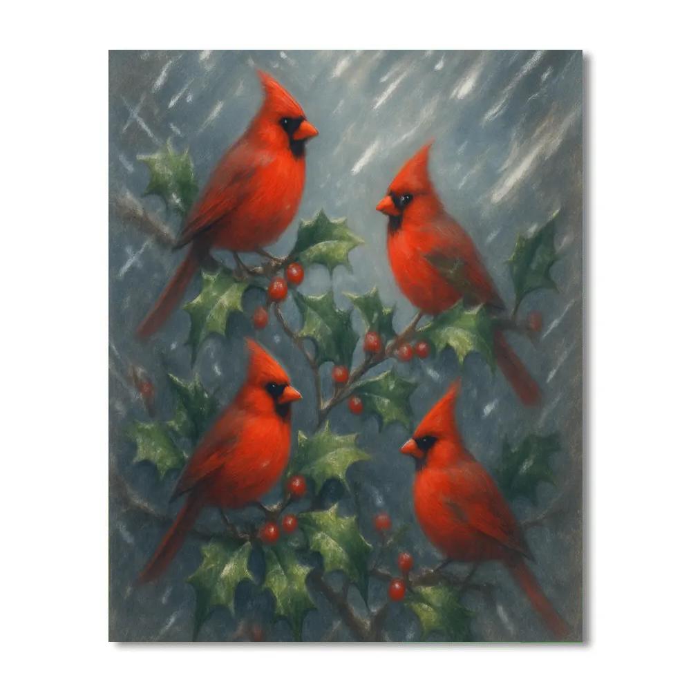 Cardinals In Holly Snowstorm DIY paint by numbers
