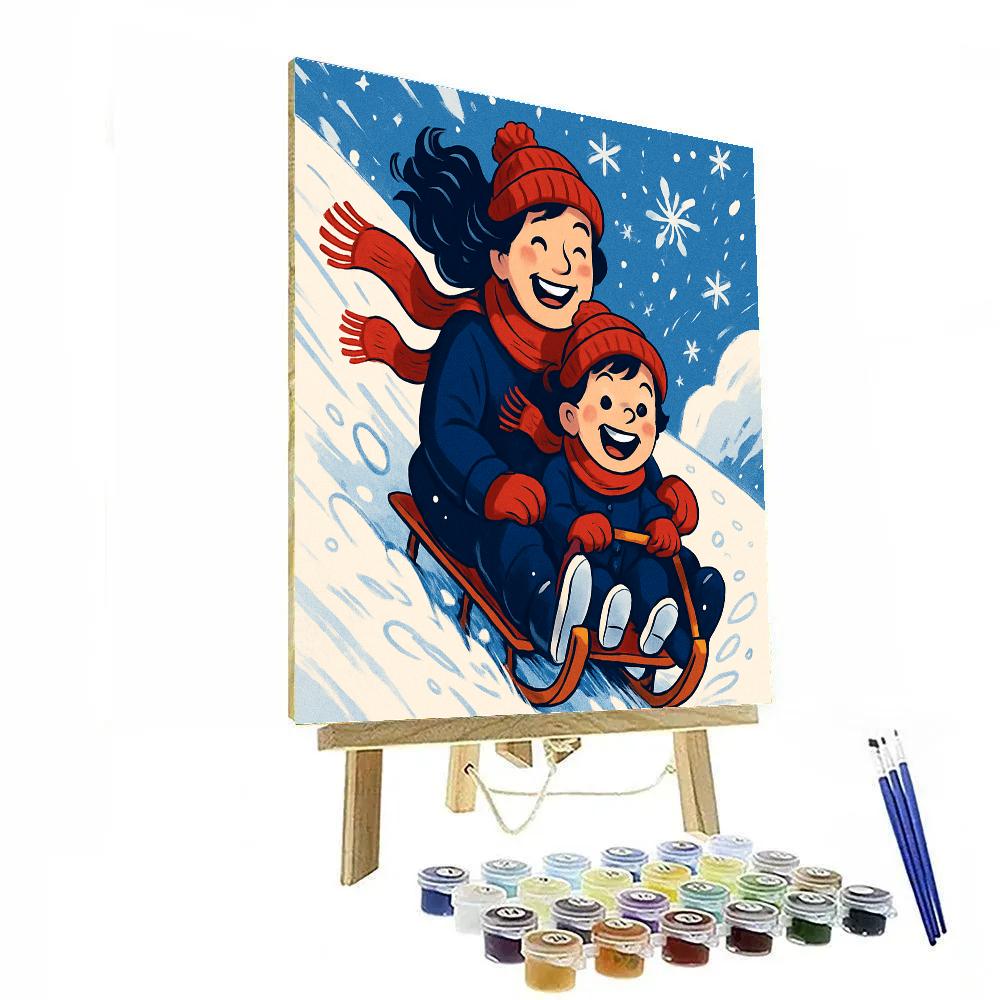 Snowy Hill Sled Ride With Mom Numbered painting kits