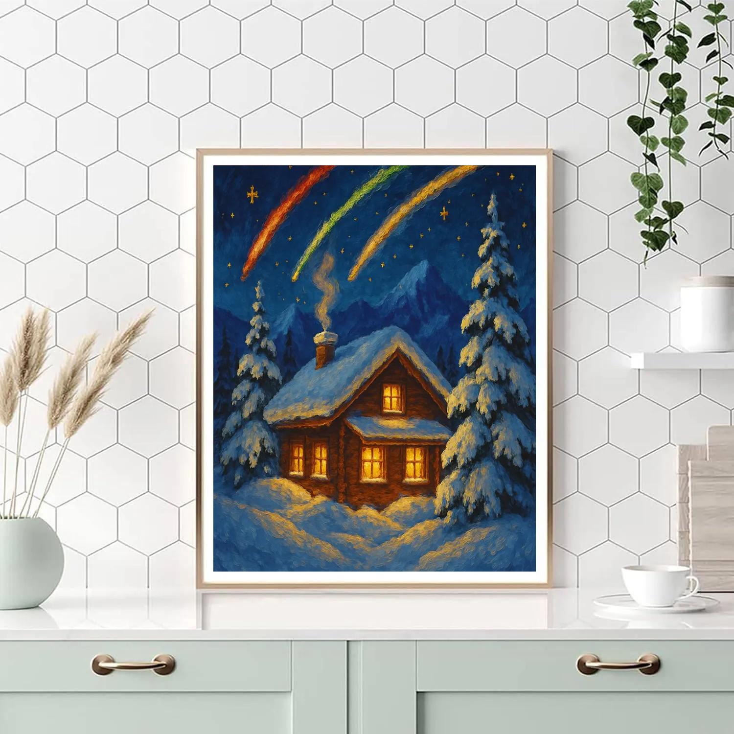 Christmas Meteors Over Alpine Chalet painting number kit