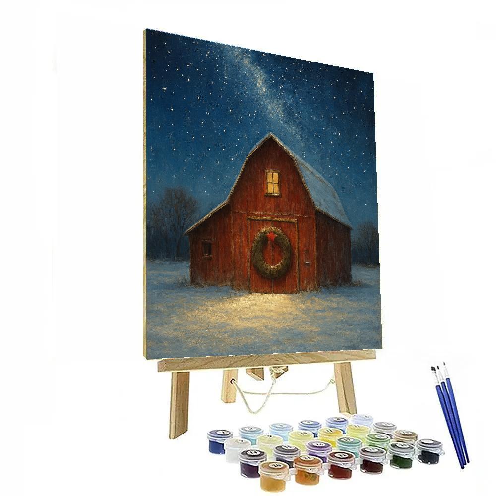 Snowy Barn With Wreath And Stars DIY paint by numbers