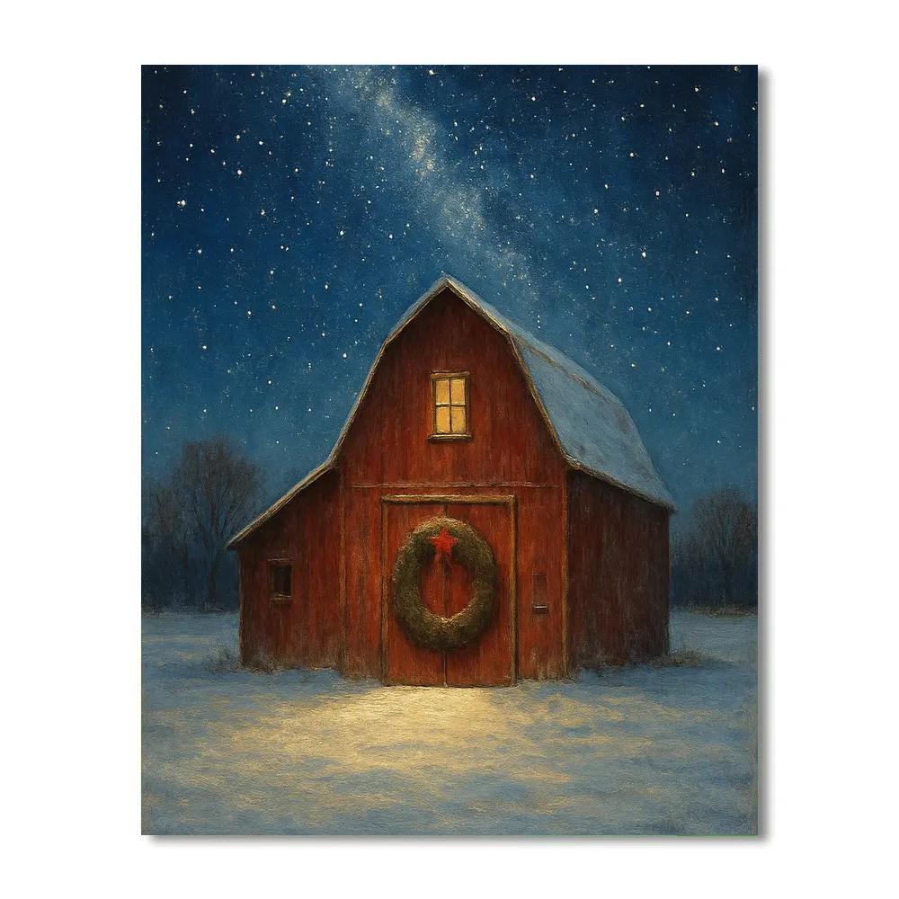 Snowy Barn With Wreath And Stars DIY paint by numbers
