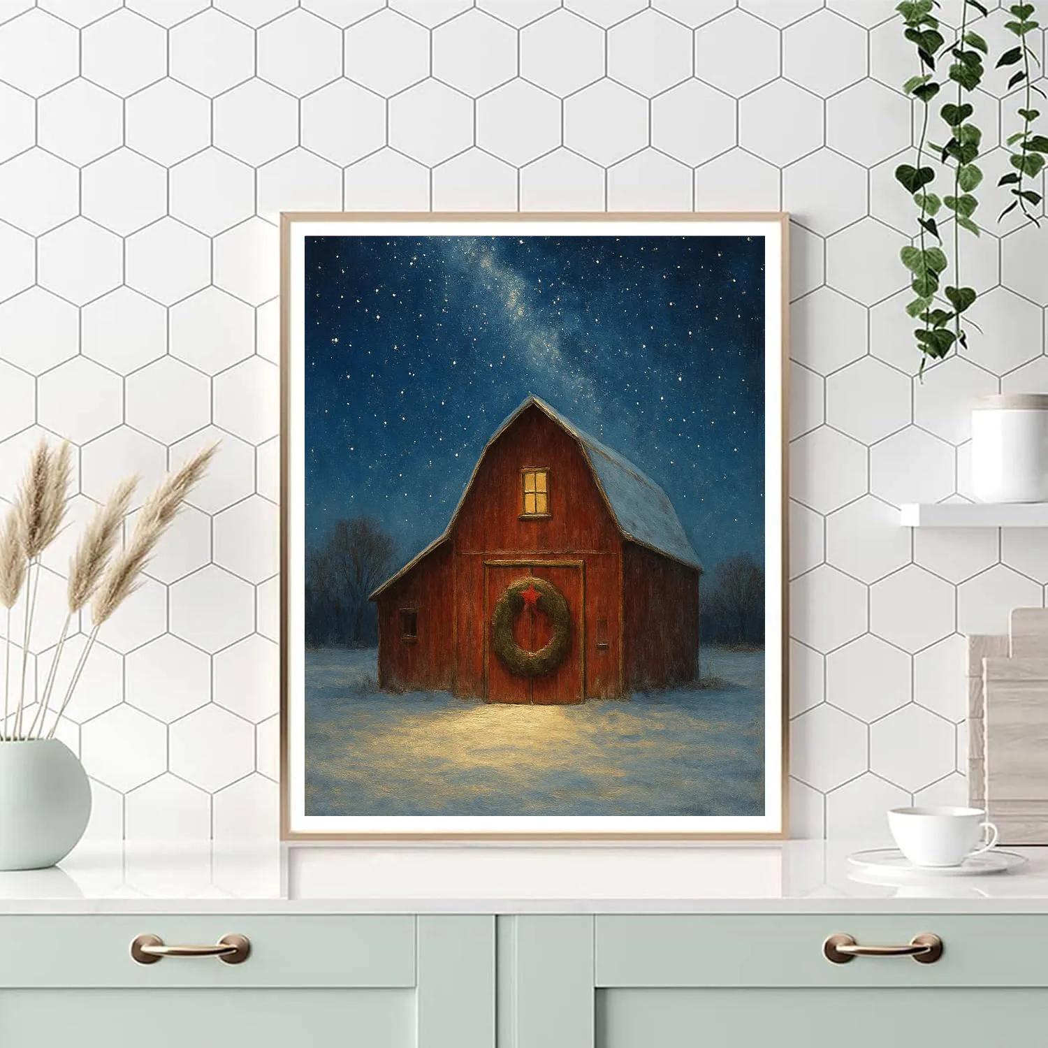 Snowy Barn With Wreath And Stars DIY paint by numbers