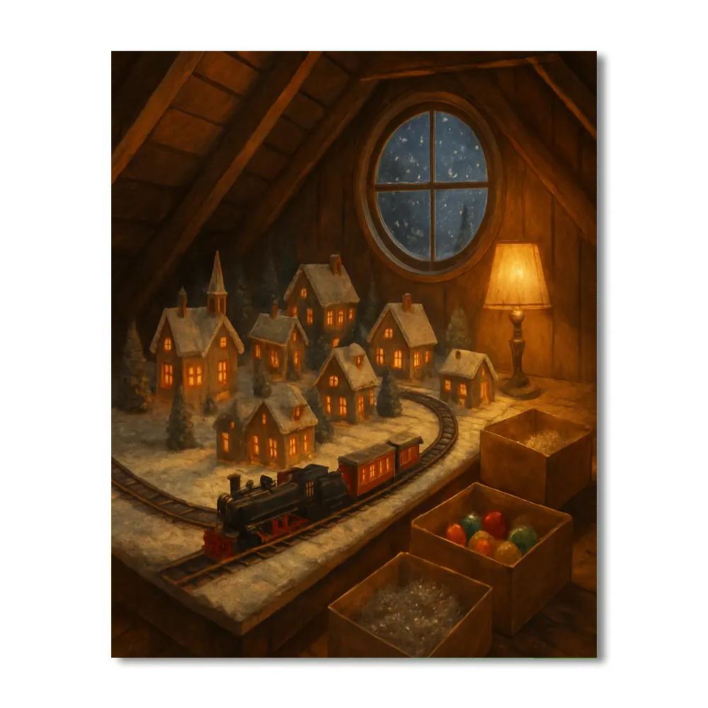 Holiday Train Set In Attic Nook painting number kit