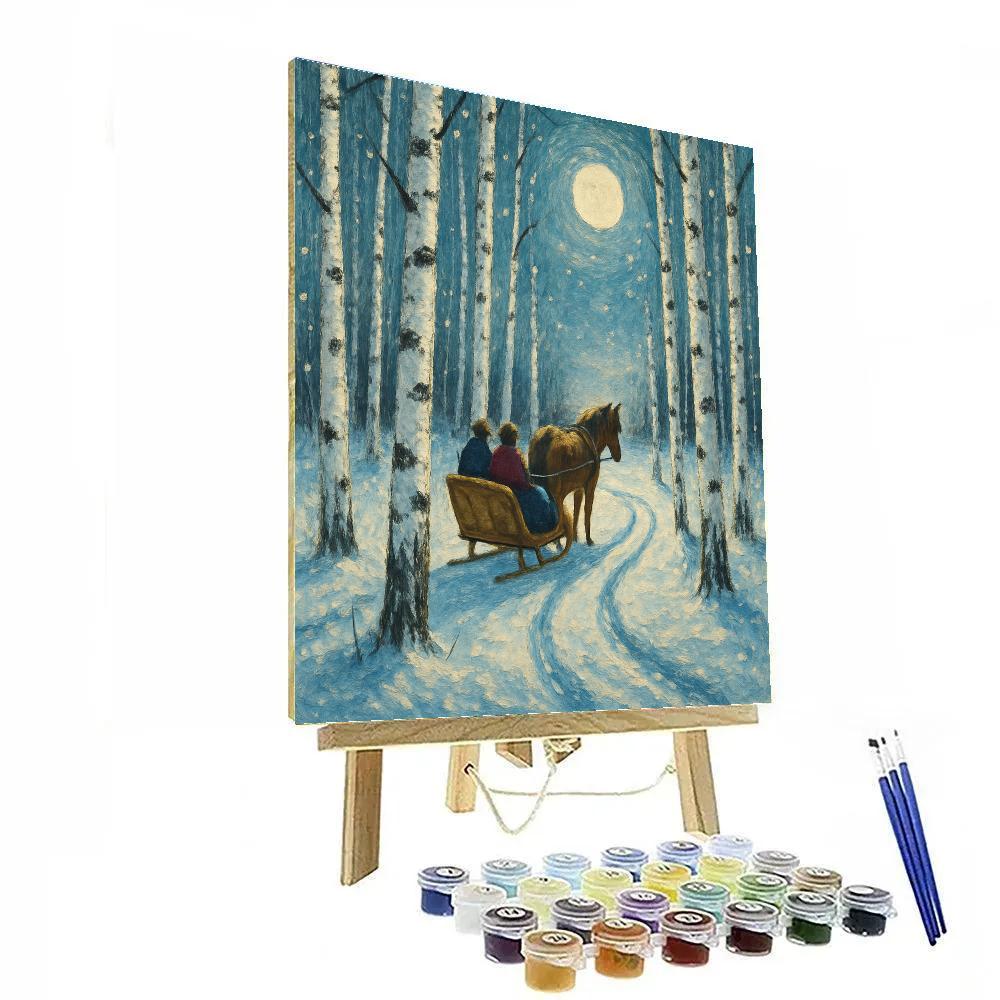 Moonlit Sleigh Through Birch Grove Numbered painting kits