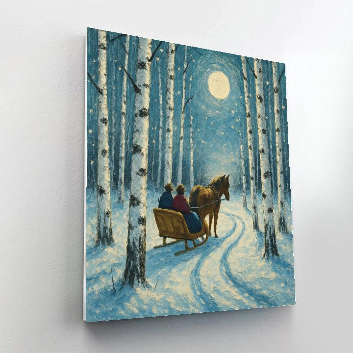 Moonlit Sleigh Through Birch Grove Numbered painting kits