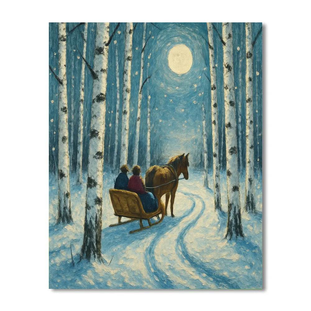 Moonlit Sleigh Through Birch Grove Numbered painting kits