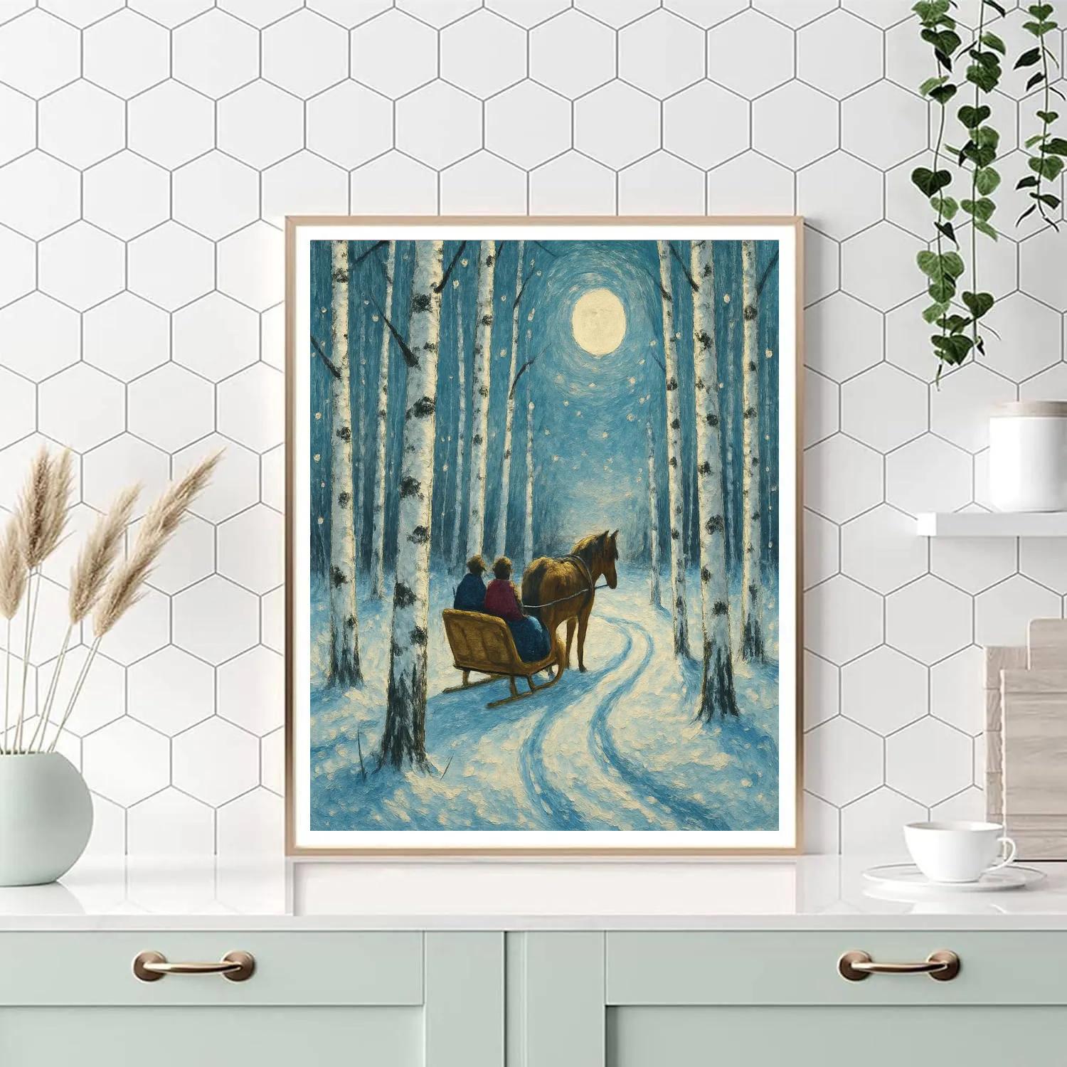Moonlit Sleigh Through Birch Grove Numbered painting kits