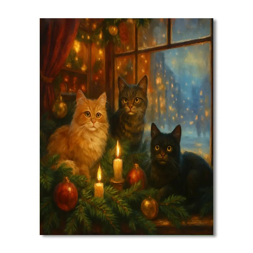 Christmas Cats In Window Display Paint by numbers art
