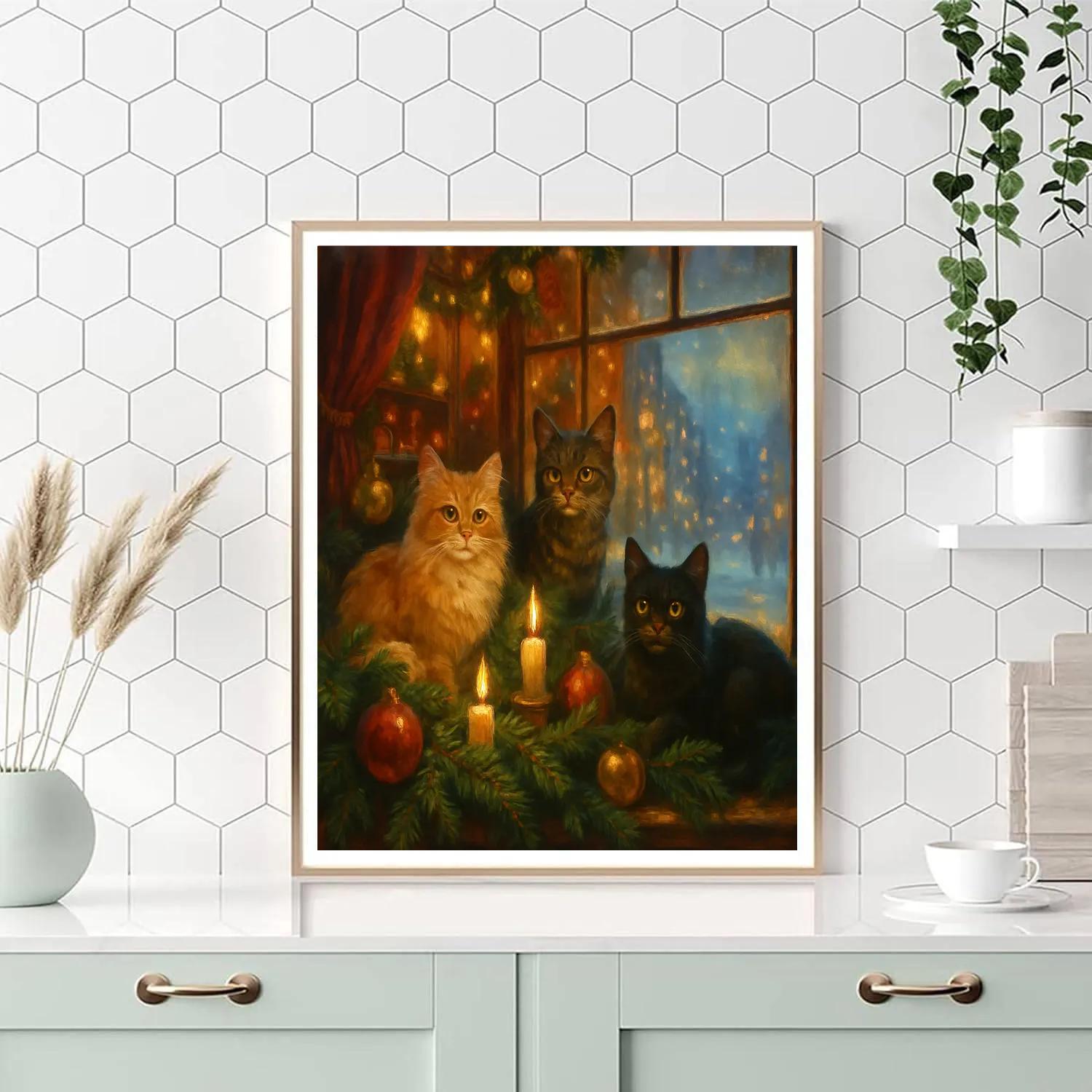 Christmas Cats In Window Display Paint by numbers art