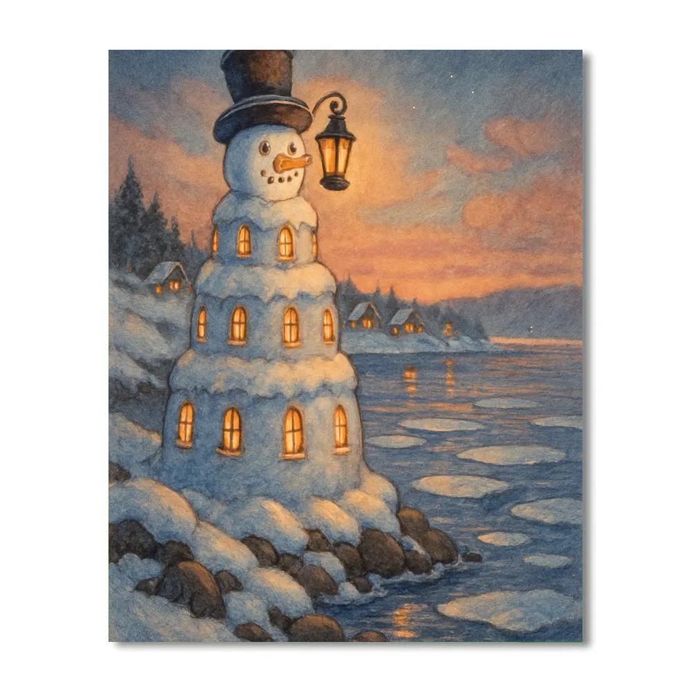 Snowman Lighthouse On Frozen Shore paint by number