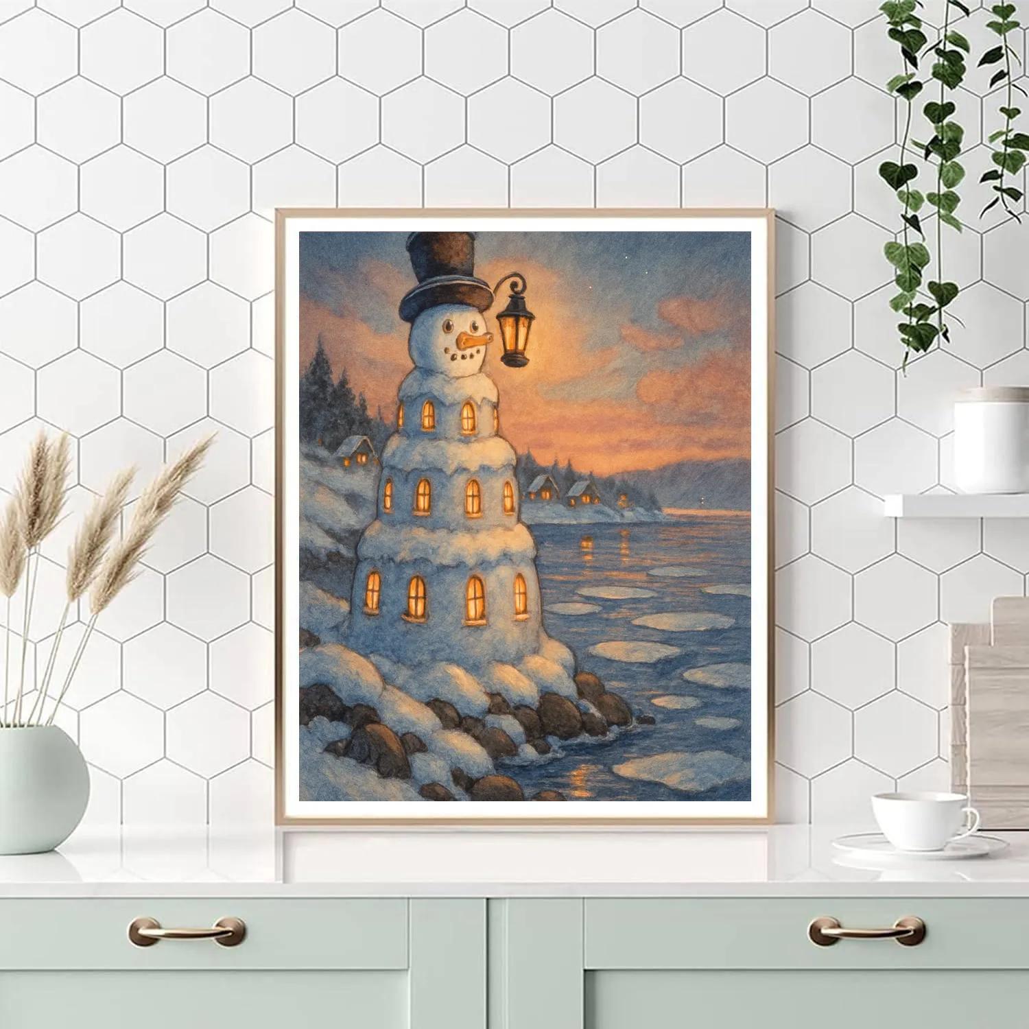Snowman Lighthouse On Frozen Shore paint by number