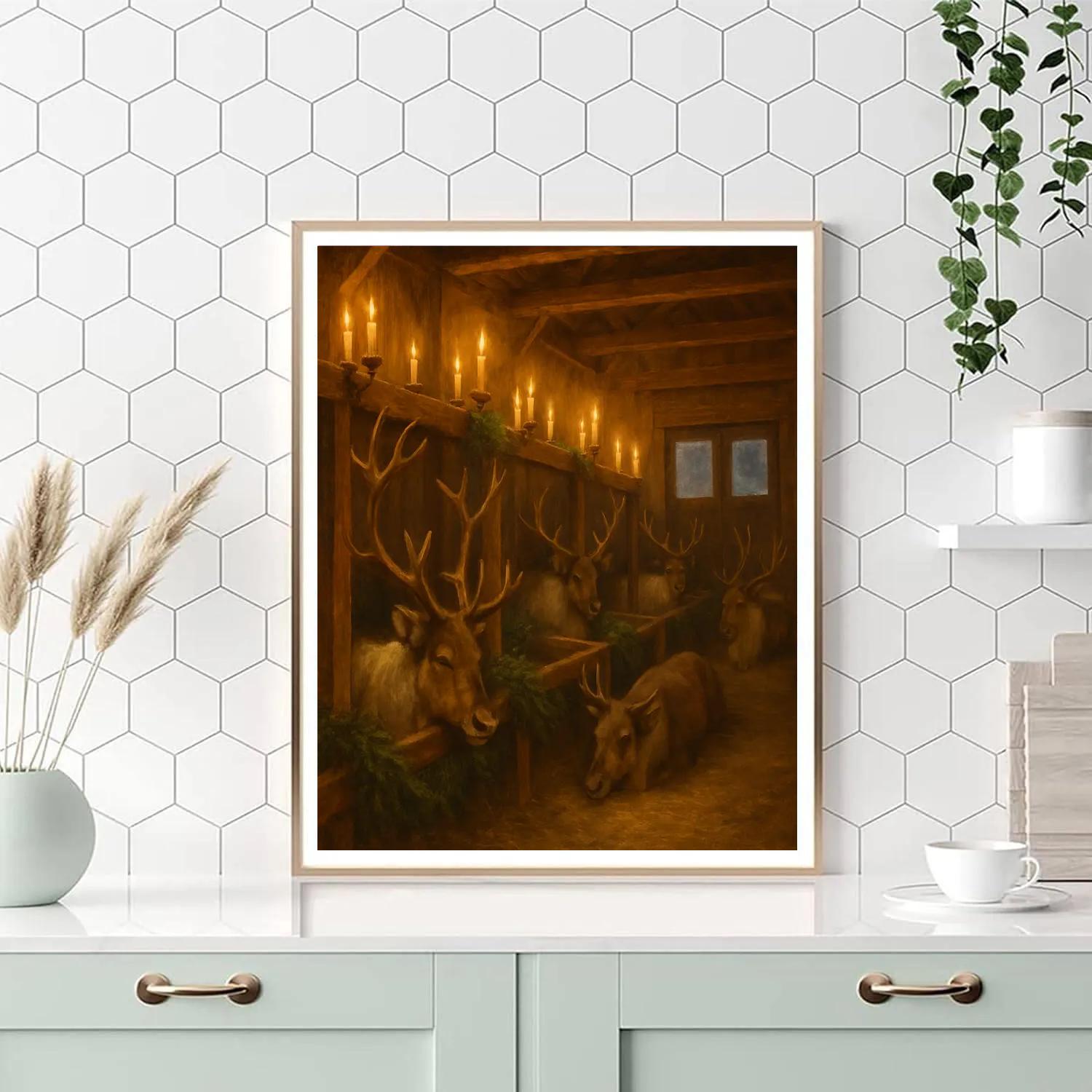 Reindeer Stable Candle Light Paint by numbers art