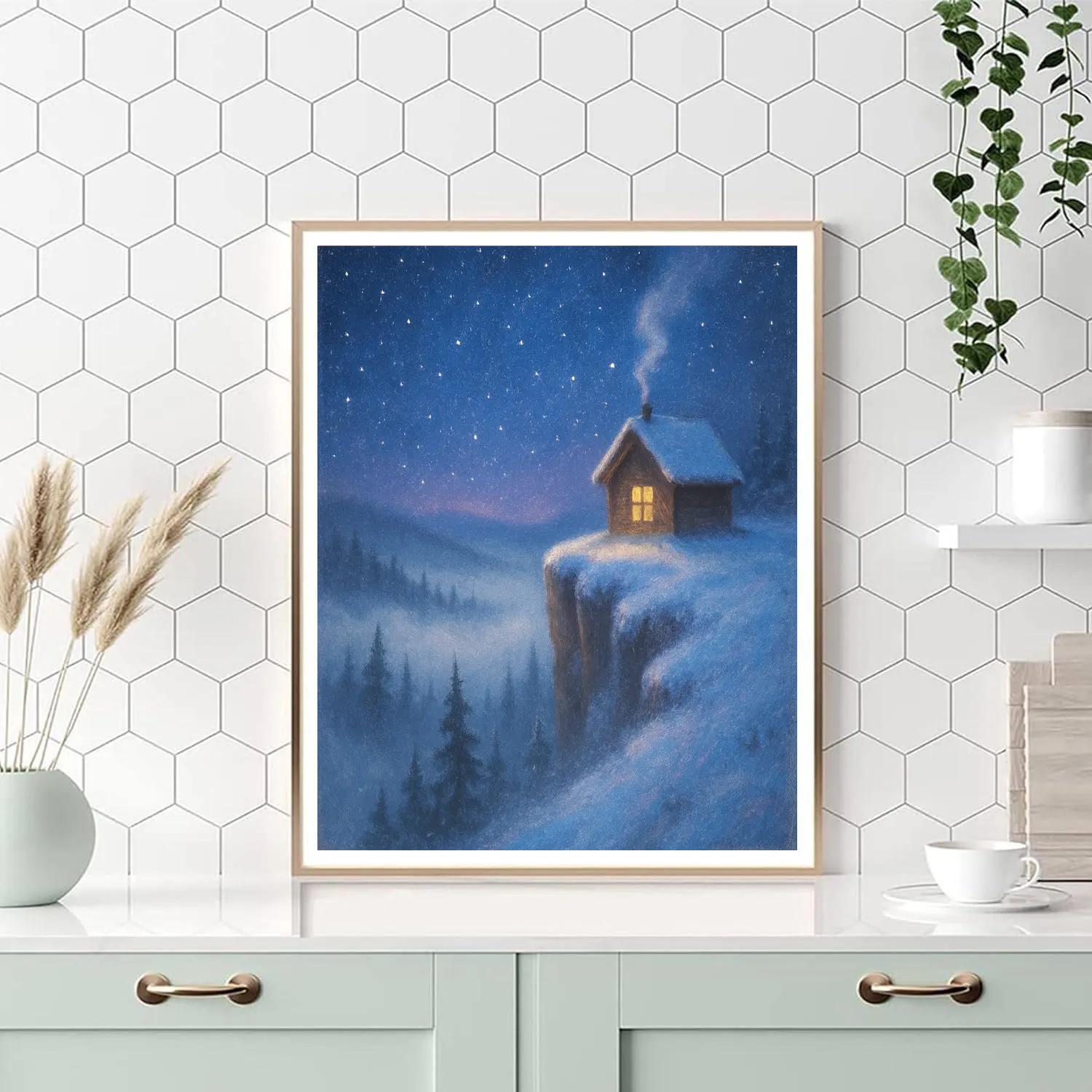 Tiny Cabin On Snowy Cliff Edge Number painting