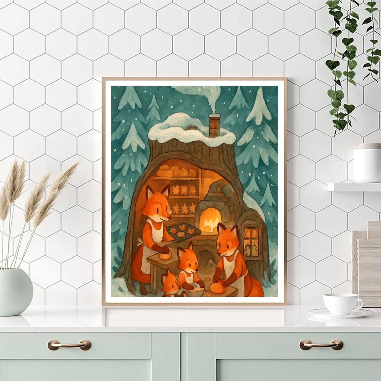 Holiday Baking Foxes In Forest Bakery paint by numbers