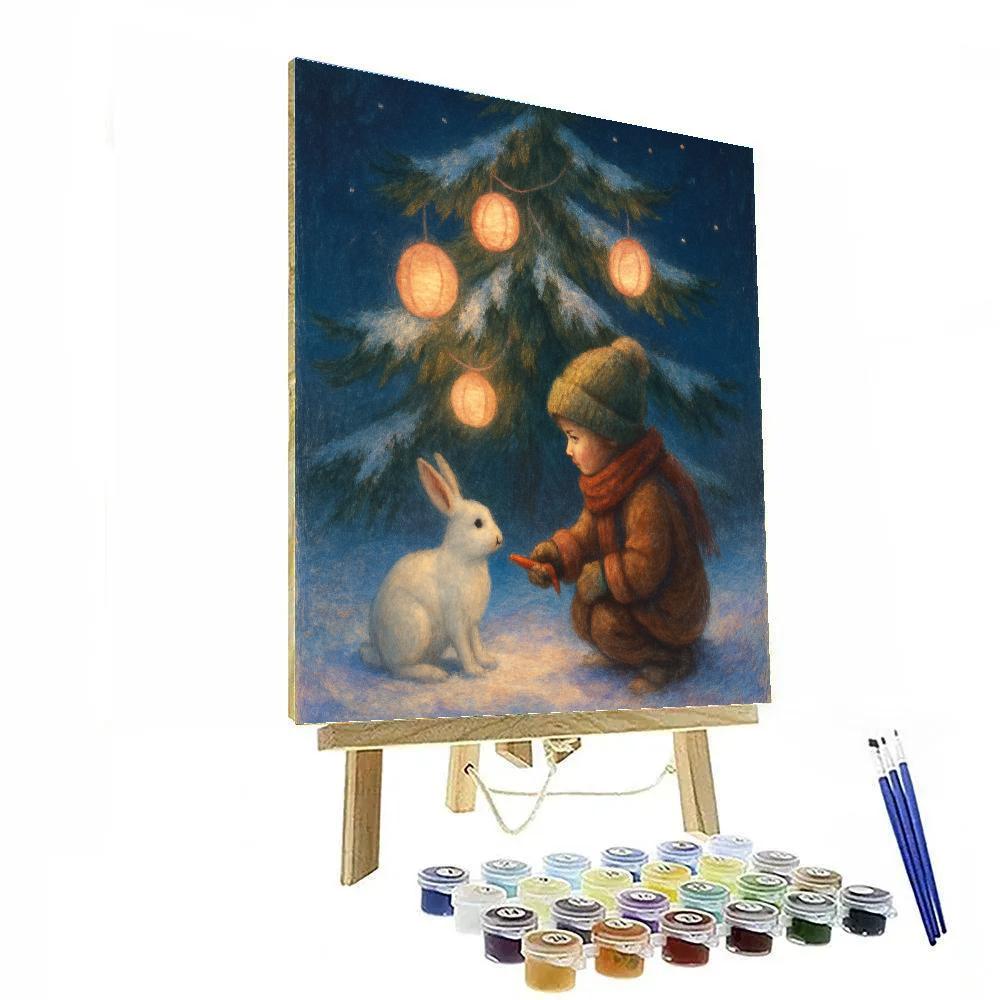 Child And Snow Hare Under Lantern Tree Paint by numbers kits