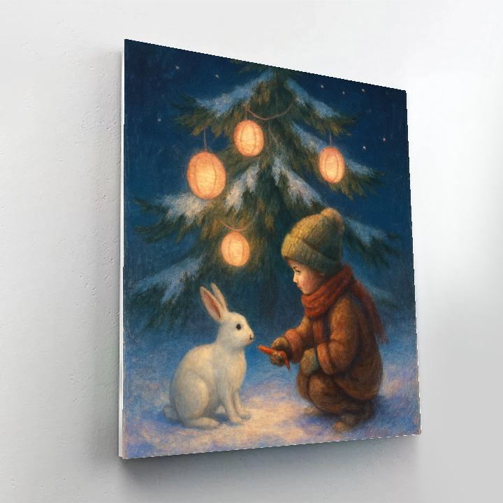 Child And Snow Hare Under Lantern Tree Paint by numbers kits