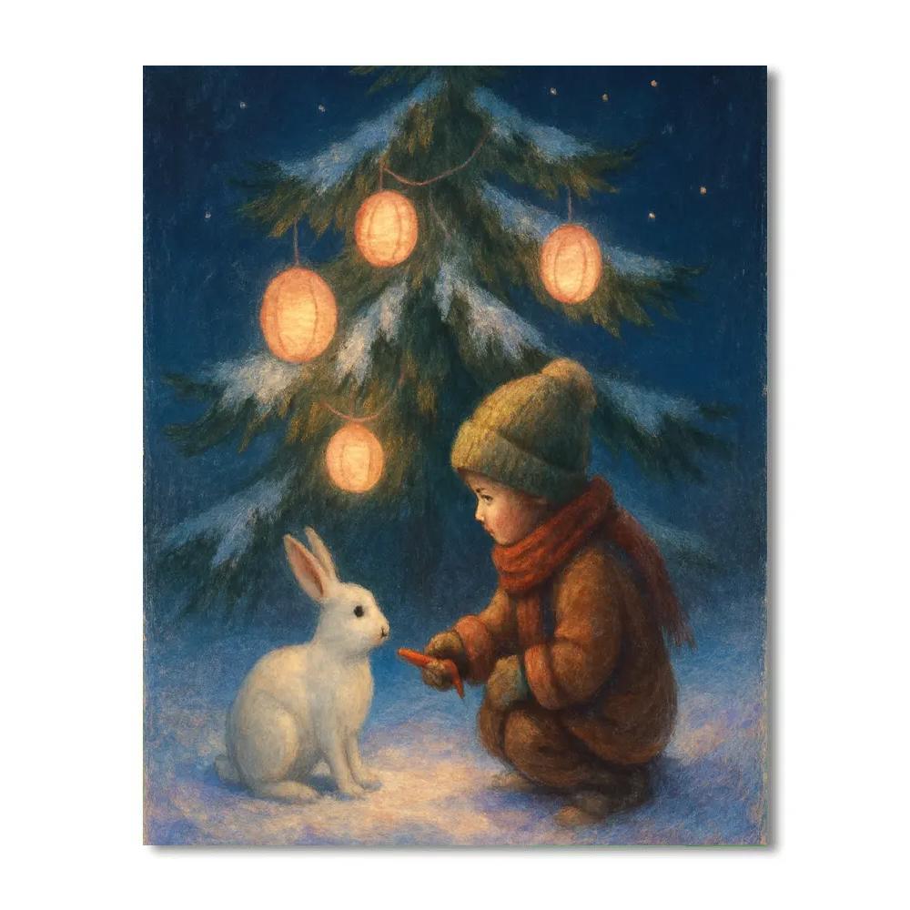 Child And Snow Hare Under Lantern Tree Paint by numbers kits