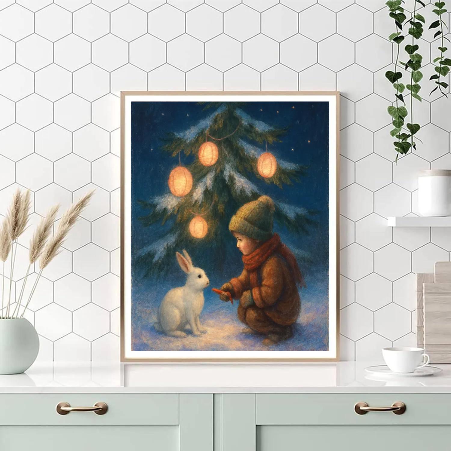 Child And Snow Hare Under Lantern Tree Paint by numbers kits
