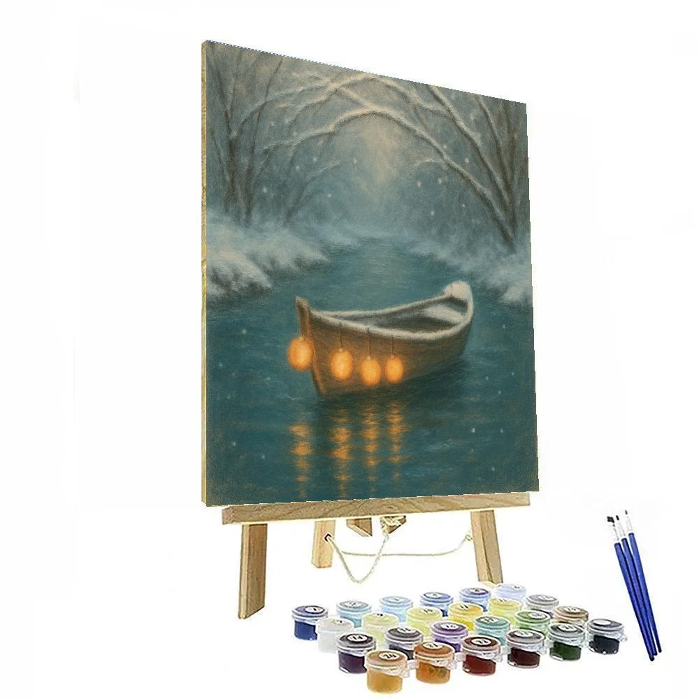 Snowy Lantern Boat On Winter River Numbered painting kits