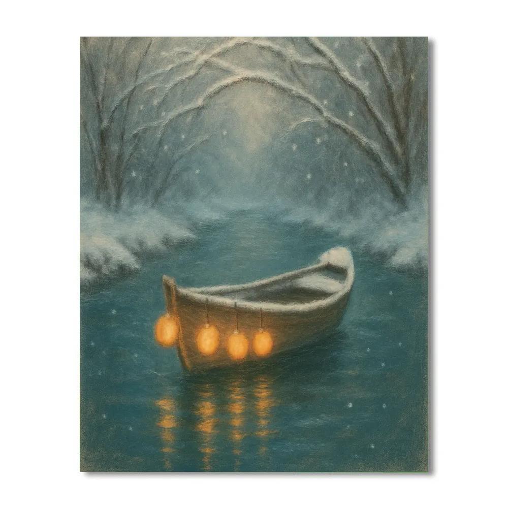 Snowy Lantern Boat On Winter River Numbered painting kits