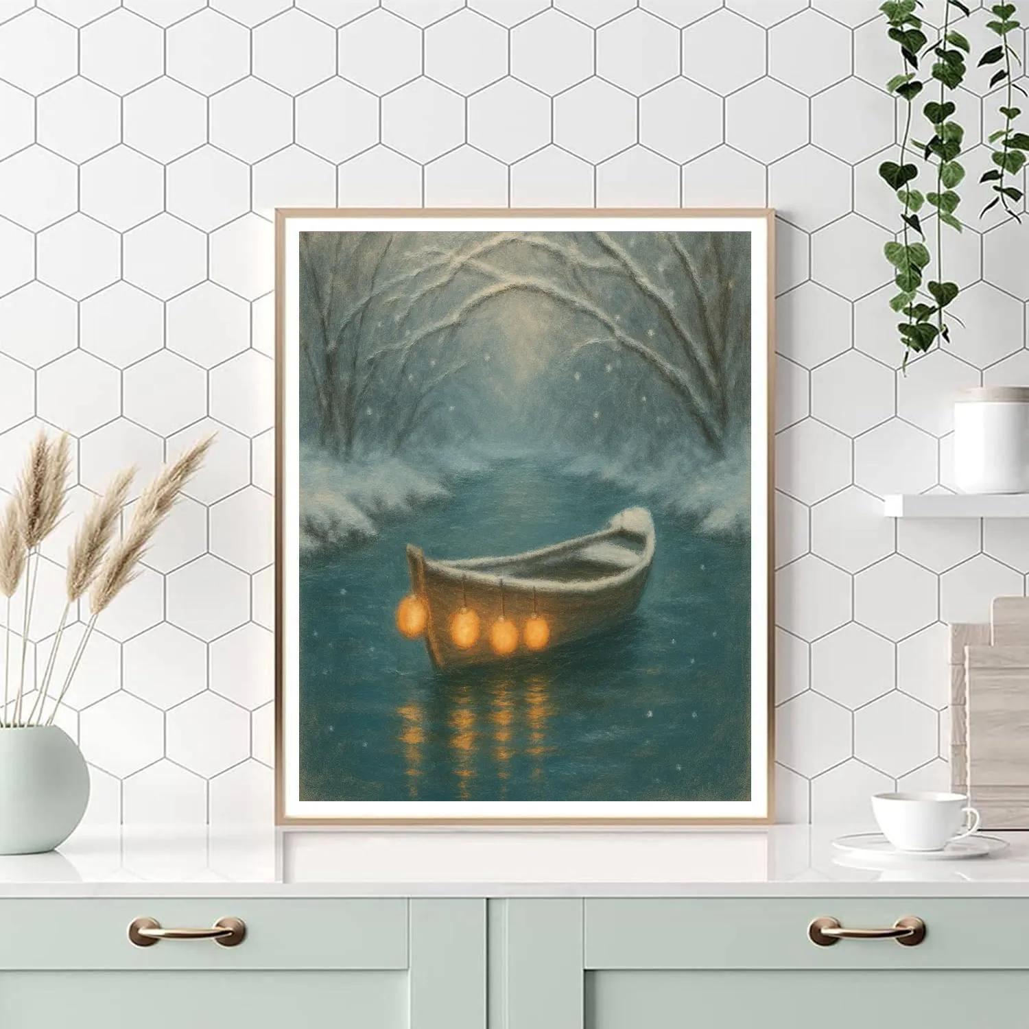 Snowy Lantern Boat On Winter River Numbered painting kits