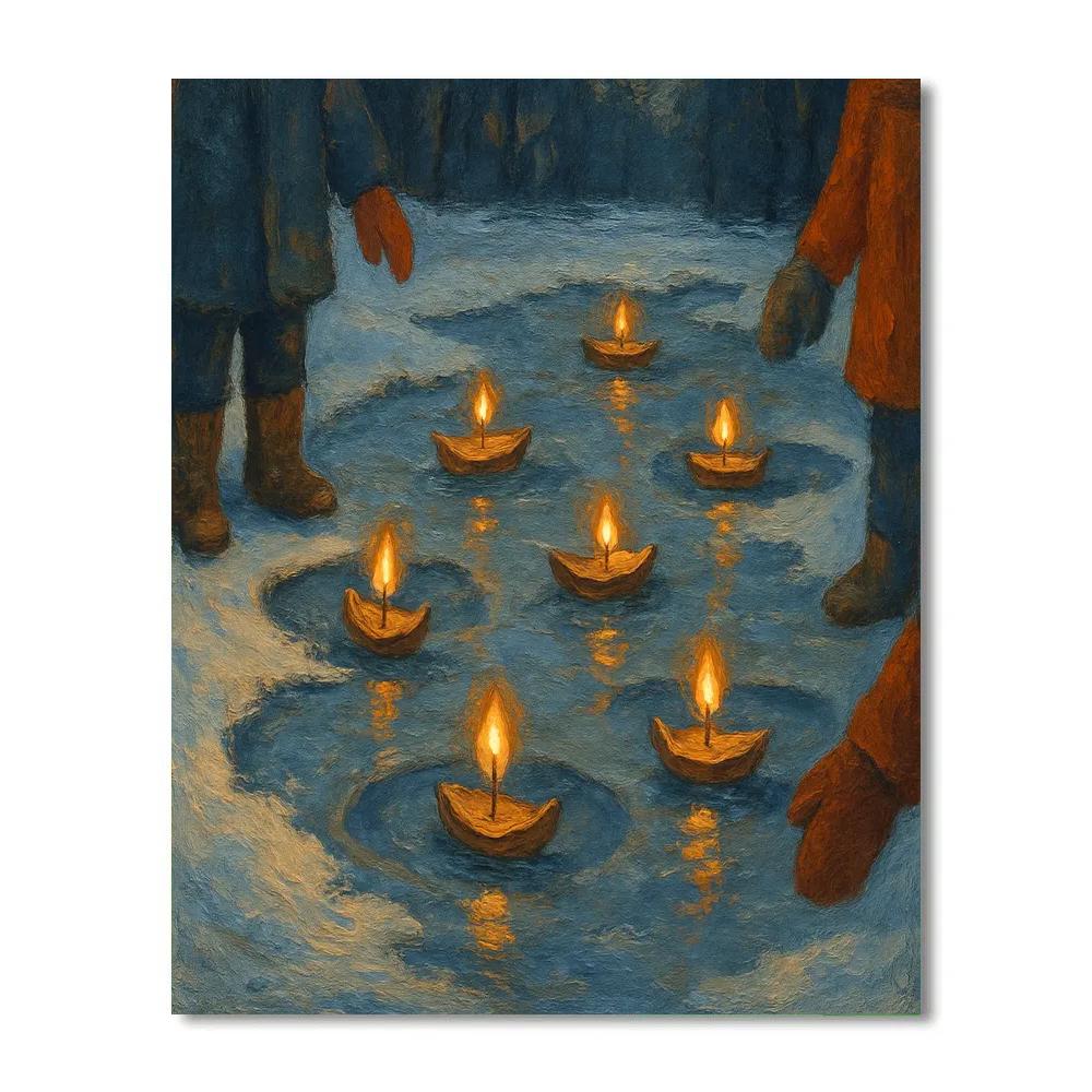 Christmas Pond With Candle Boats Numbered painting kits