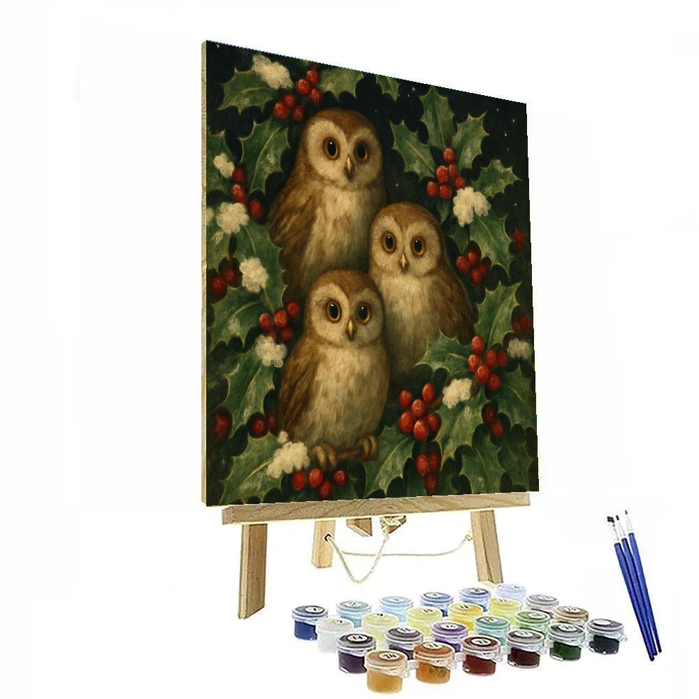 Midnight Owls In Holly Tree paint by numbers